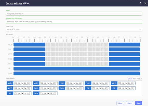 Specifying time frames for backups
